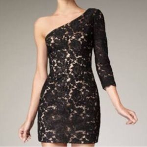 Marchesa Notte black lace one shoulder dress